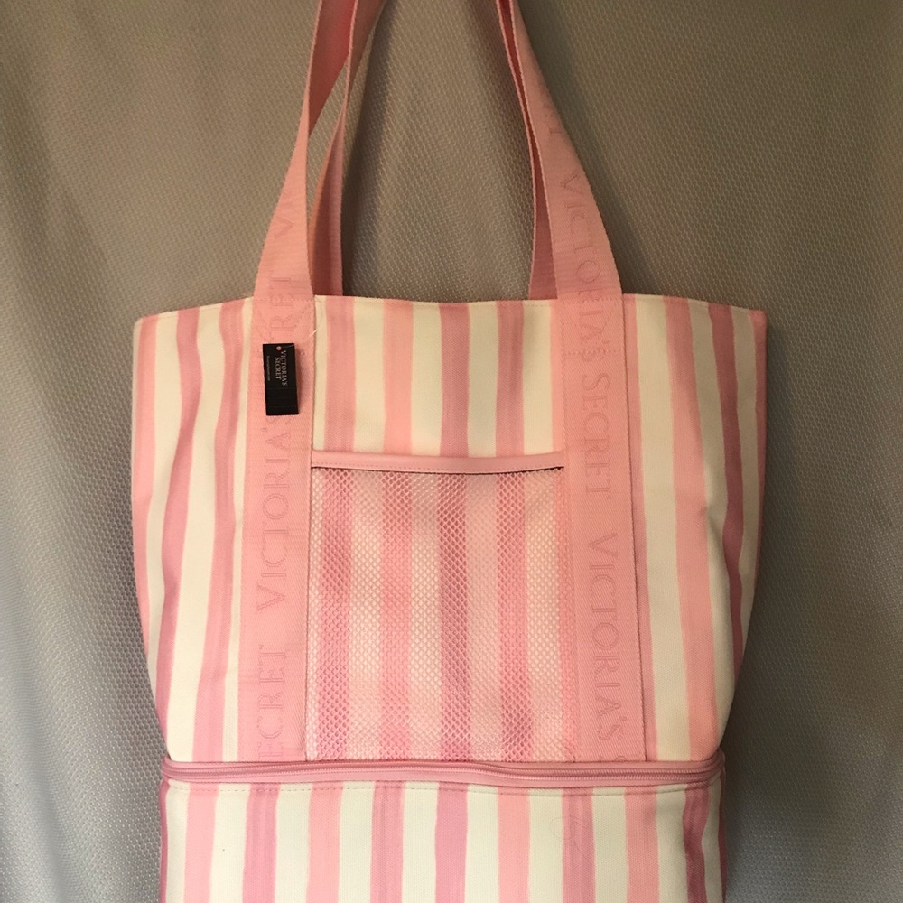 Victoria's Secret Pink & White Striped Tote with Mesh Front Pocket